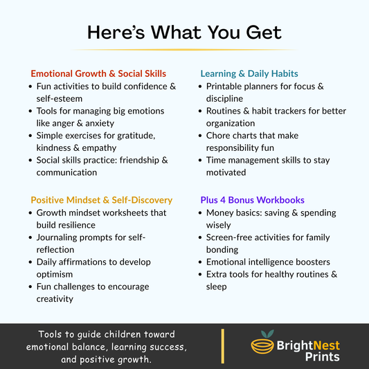 Kids’ Life Skills Bundle — 12 Workbooks to Build Confidence, Emotions & Daily Habits (+4 Bonuses)
